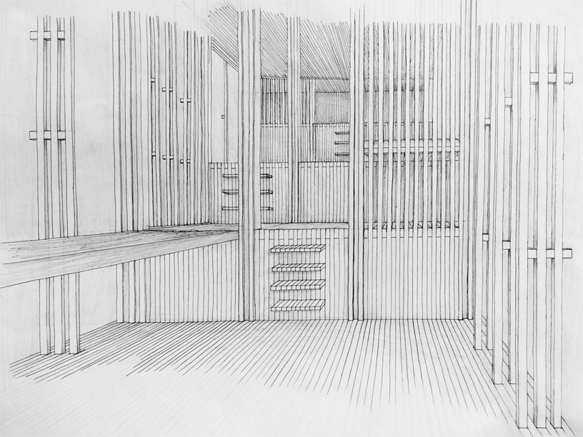 Sketch of the interior space, pencil and pen on paper