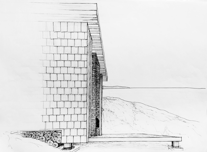 Sketch of the facade of shingles, pencil and pen on paper
