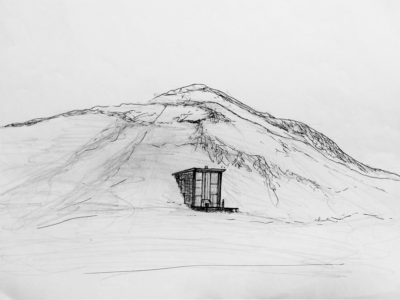 Sketch of the building on site from afar, pencil and pen on paper