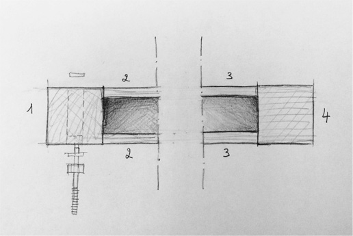 Drawing of construction element, top view, pen and pencil on paper