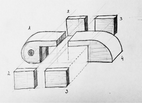 Drawing of construction element, isometric view, pen and pencil on paper