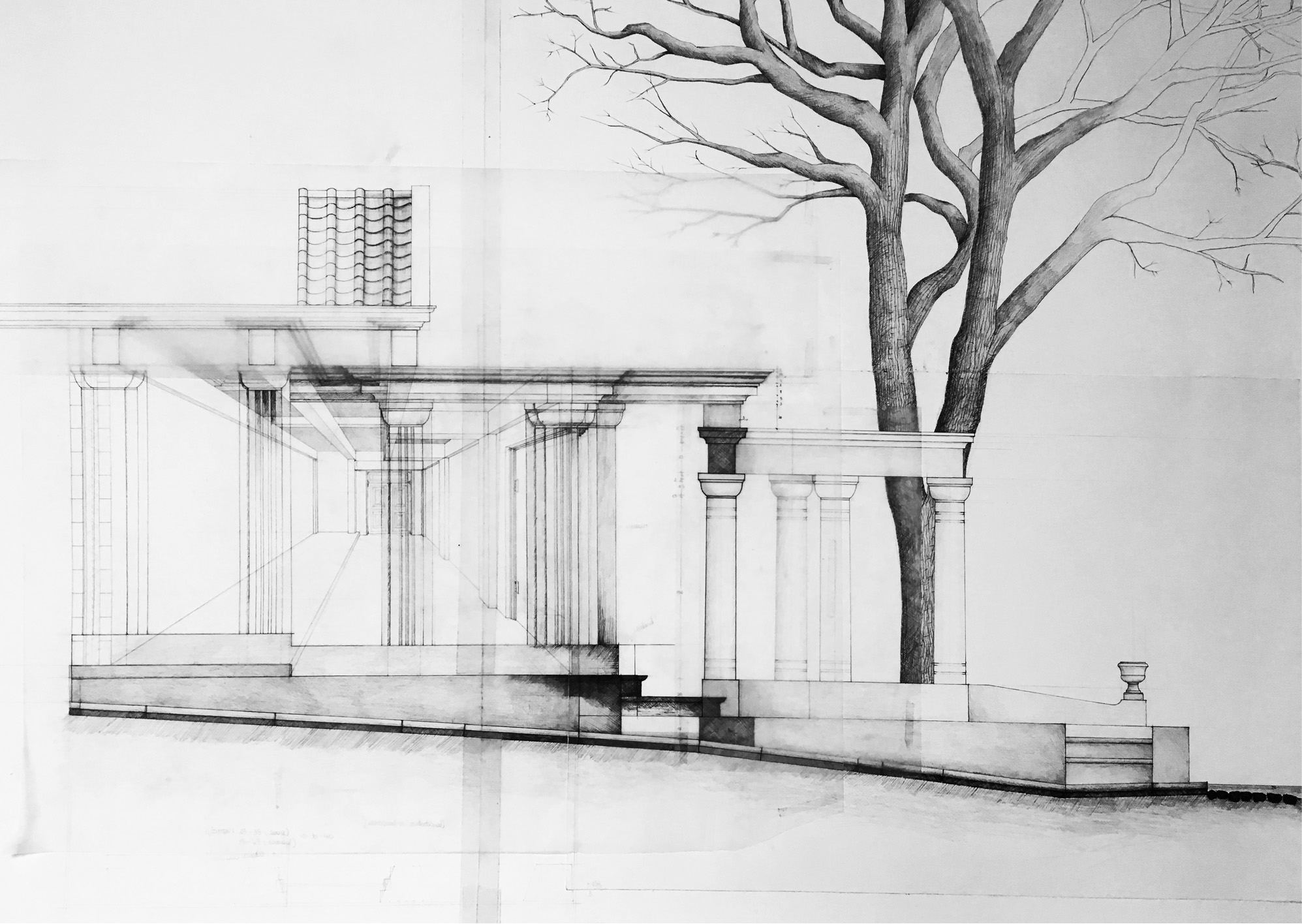 Facade section one point perspective drawing, scale 1:10, pencil and pen on tracing paper and paper