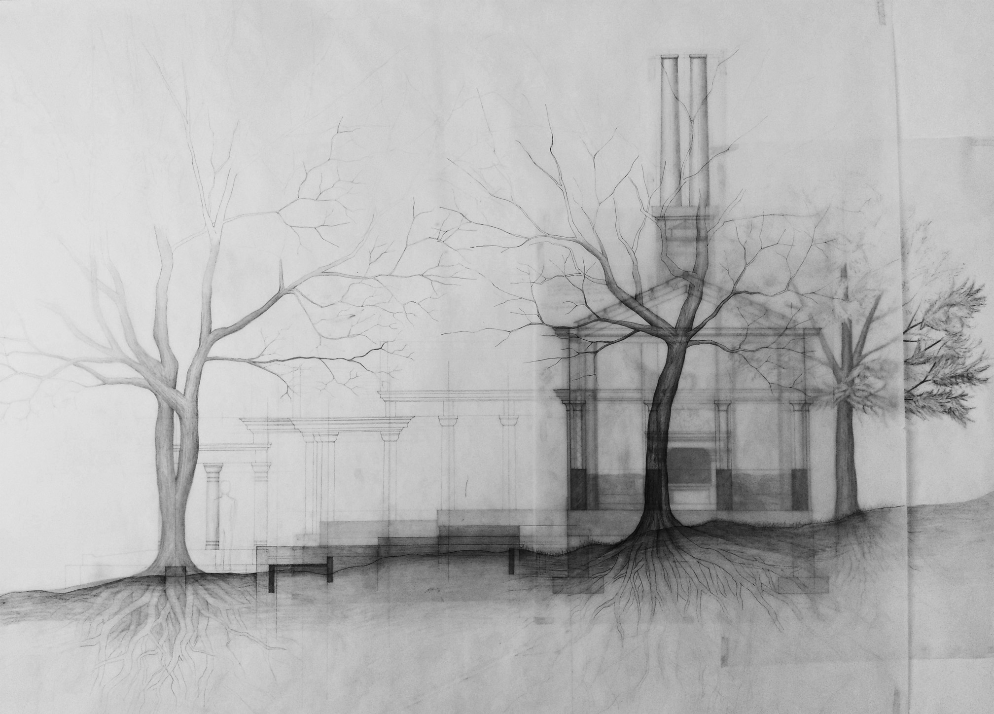Section drawing, scale 1:20, pencil and pen on tracing paper and paper