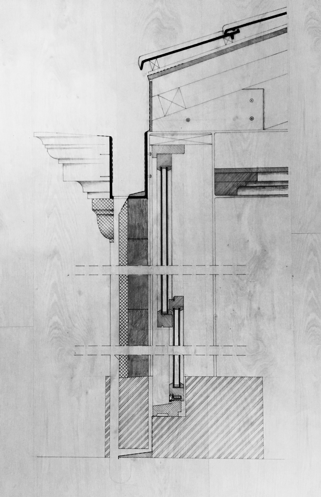 Construction detail foundation-window-column-roof, vertical section, scale 1:2, pencil and pen on tracing paper