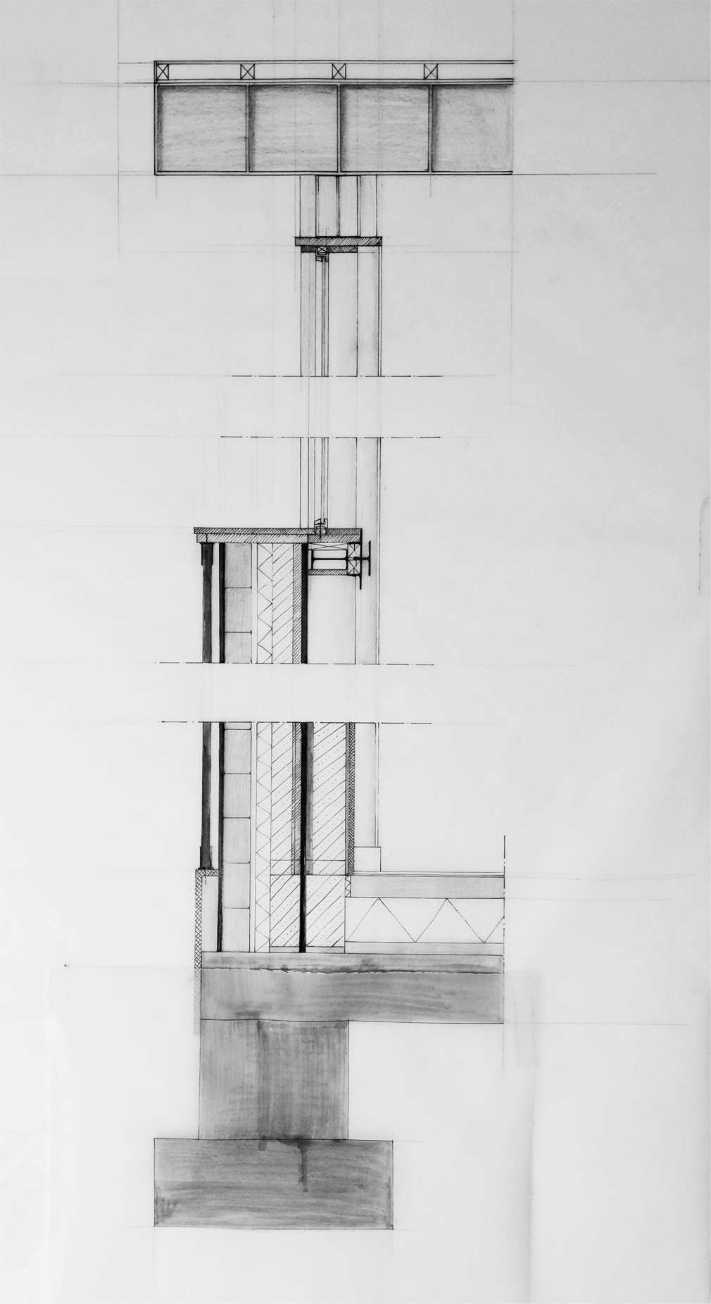 Construction detail foundation-wall-column-roof, scale 1:10, pencil and pen on tracing paper